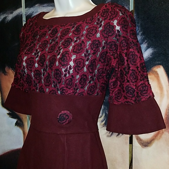 Tatyana Vintage Merlot Rose Lace Curve Hugging Pinup Bombshell Pencil Dress - Picture 5 of 8